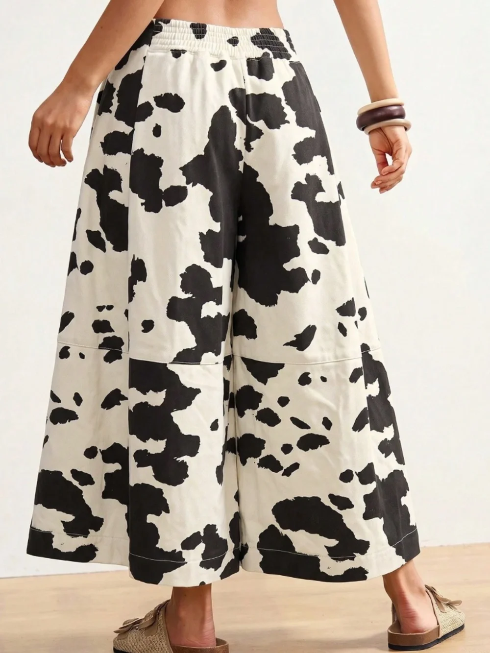 Boho Cow Print Low Waist Cropped Wide leg Pants - Picture 3 of 4